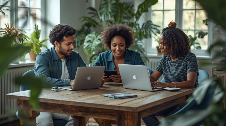 Groep mensen werkt geconcentreerd samen in een groene werkruimte.
