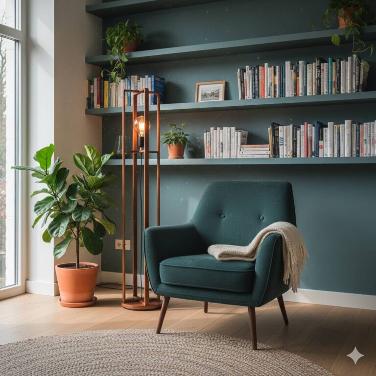 Interieurhoek met fauteuil, plaid en kamerplant.