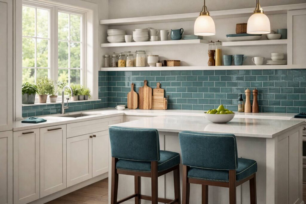 Keuken met kookeiland en barkrukken