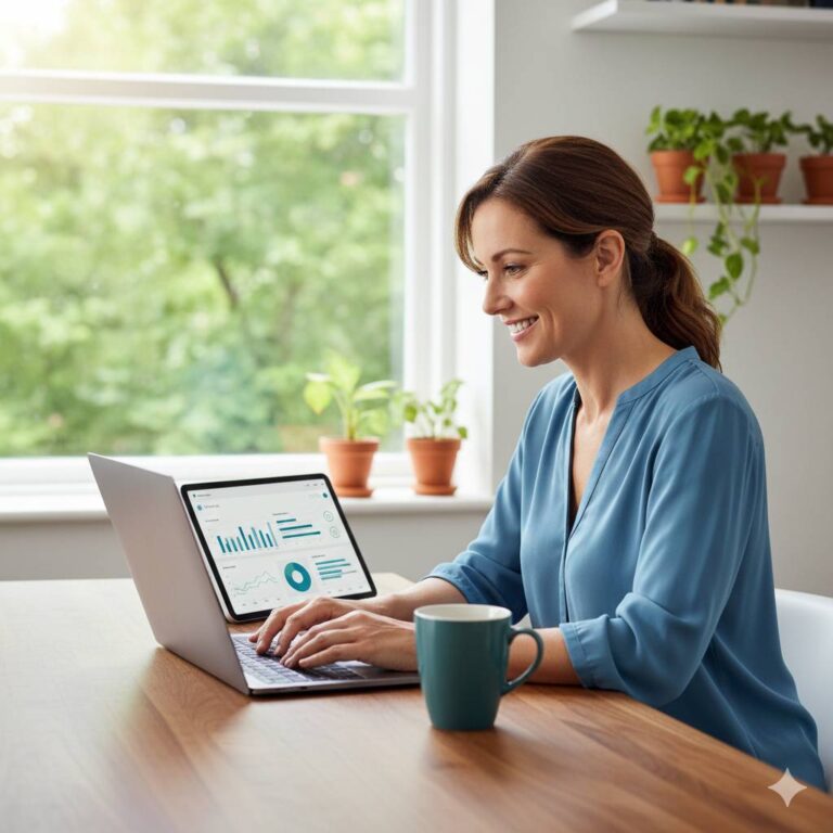 Persoon werkt aan een laptop aan een tafel bij het raam