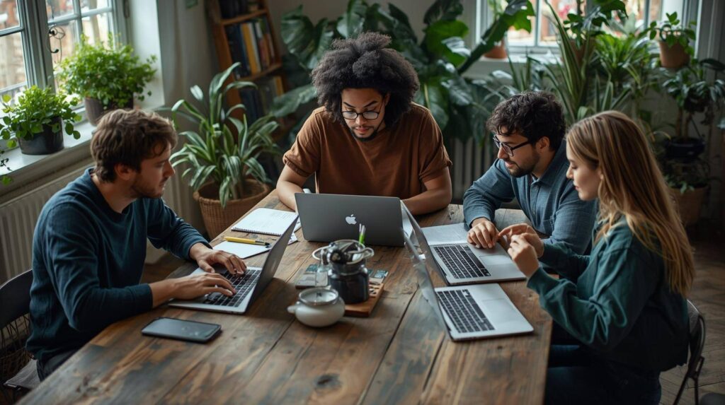 Samenwerkend team in een lichte ruimte met veel planten