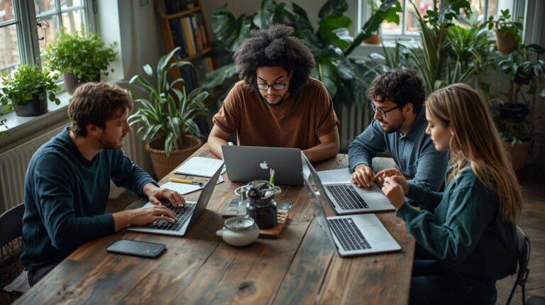 Samenwerkend team in een lichte ruimte met veel planten