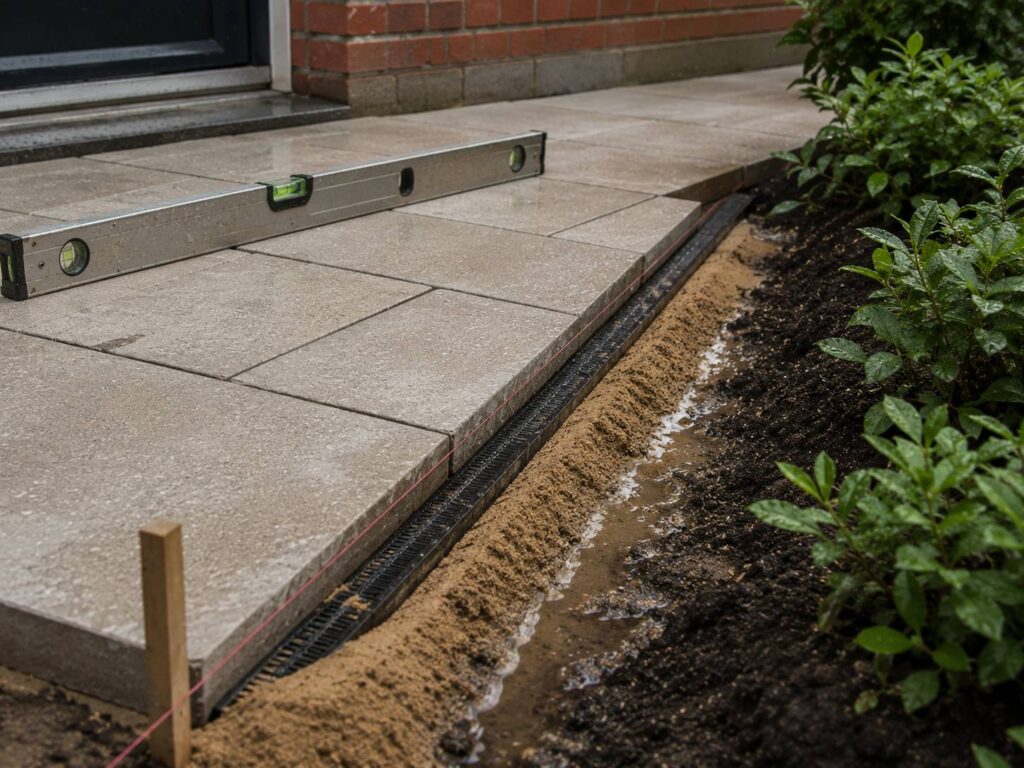 Afschot en waterafvoer controleren bij het renoveren van tuinbestrating.