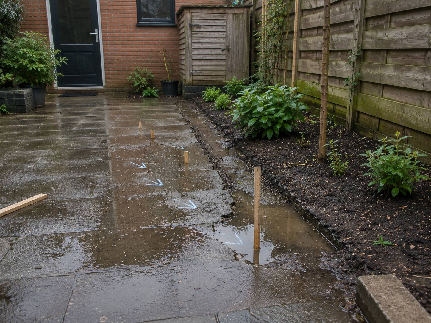 Afwatering controleren vóór grondwerk bij tuinrenovatie .waterdoorlatende bestrating tuin