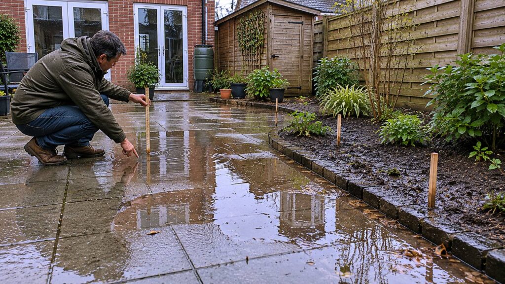 Wateroverlast in de tuin met plassen op oude bestrating en natte borders na regen.