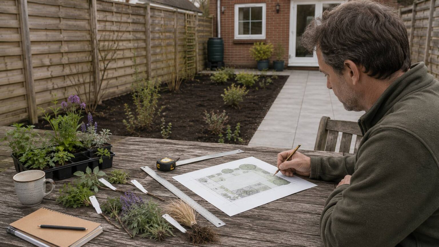 Beplantingsplan maken voor tuinrenovatie met tuinplan, meetlint en plantvoorbeelden in een Nederlandse achtertuin. beplantingsplan maken. beste periode tuinrenovatie
