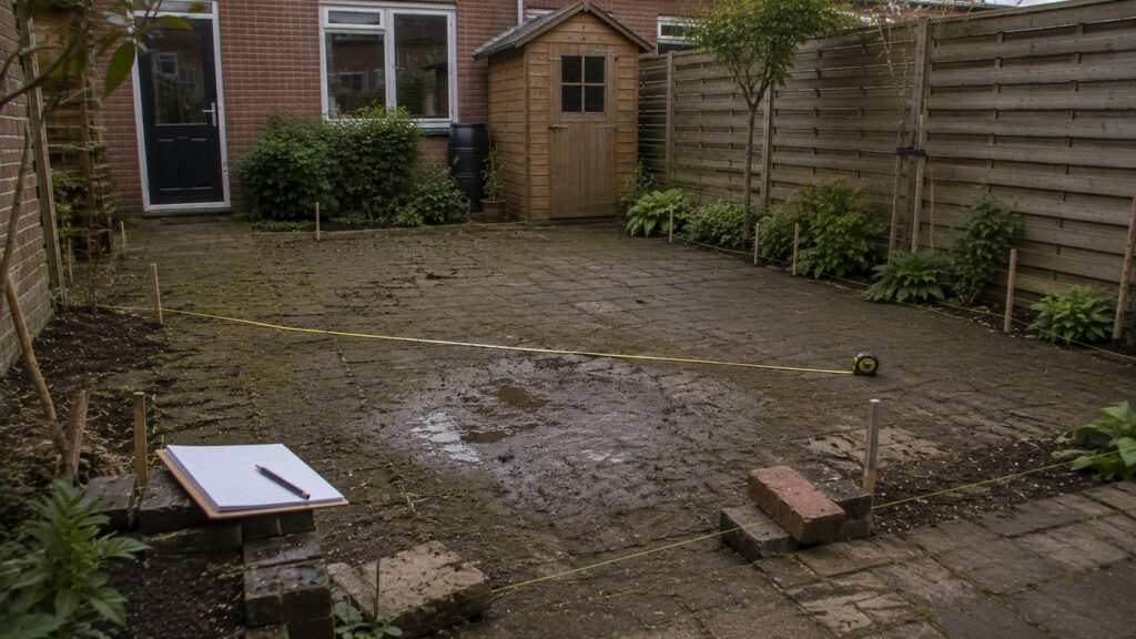Bestaande tuin analyseren met meetlint, oude bestrating en hoogteverschillen voordat het tuinontwerp wordt gemaakt.