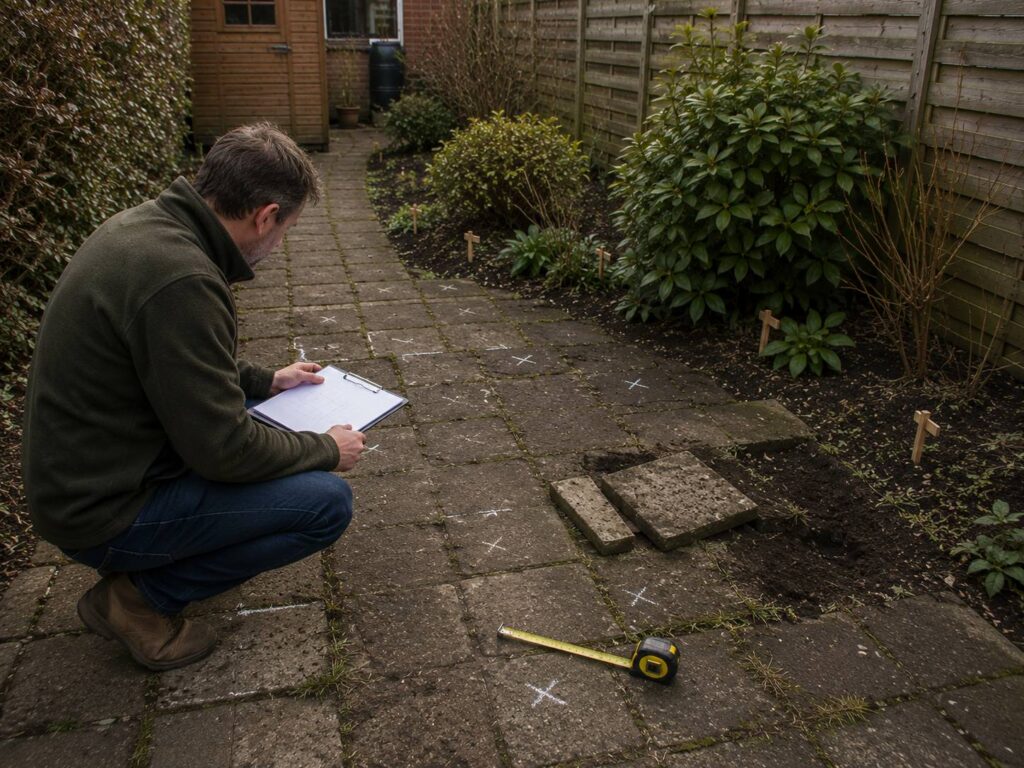 Bestaande tuin beoordelen met meetlint, markeringen en oude bestrating voordat de renovatie begint.