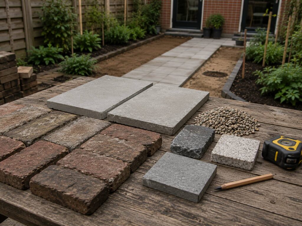 Oude en nieuwe bestratingsmaterialen vergelijken voor het renoveren van terras en tuinpaden. bestrating vervangen tuin