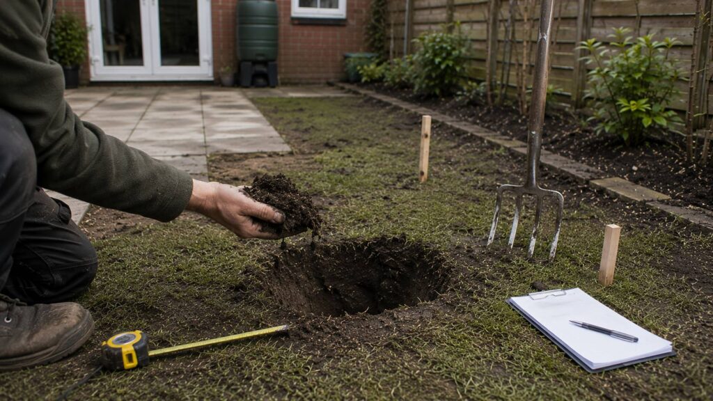 Bodem verbeteren tuin begint met het controleren van bodemstructuur, verdichting en waterdoorlatendheid in een Nederlandse achtertuin. tuin uitgraven renovatie