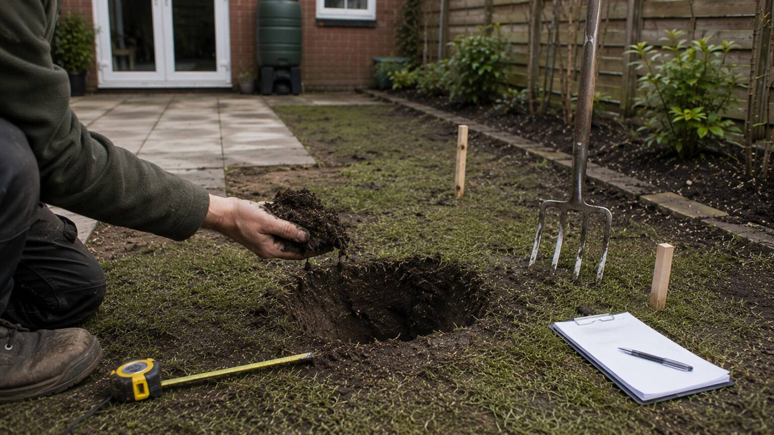 Bodem verbeteren tuin begint met het controleren van bodemstructuur, verdichting en waterdoorlatendheid in een Nederlandse achtertuin. tuin uitgraven renovatie