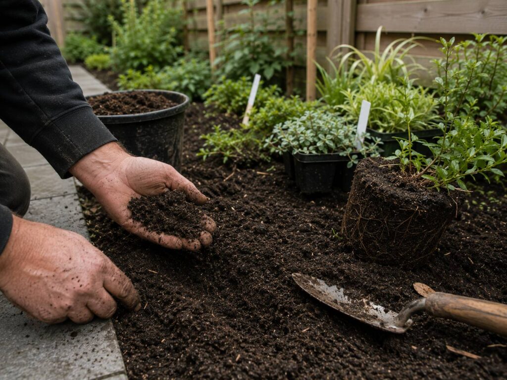 Bodem en wortelruimte controleren voordat nieuwe beplanting in de tuin wordt aangebracht.
