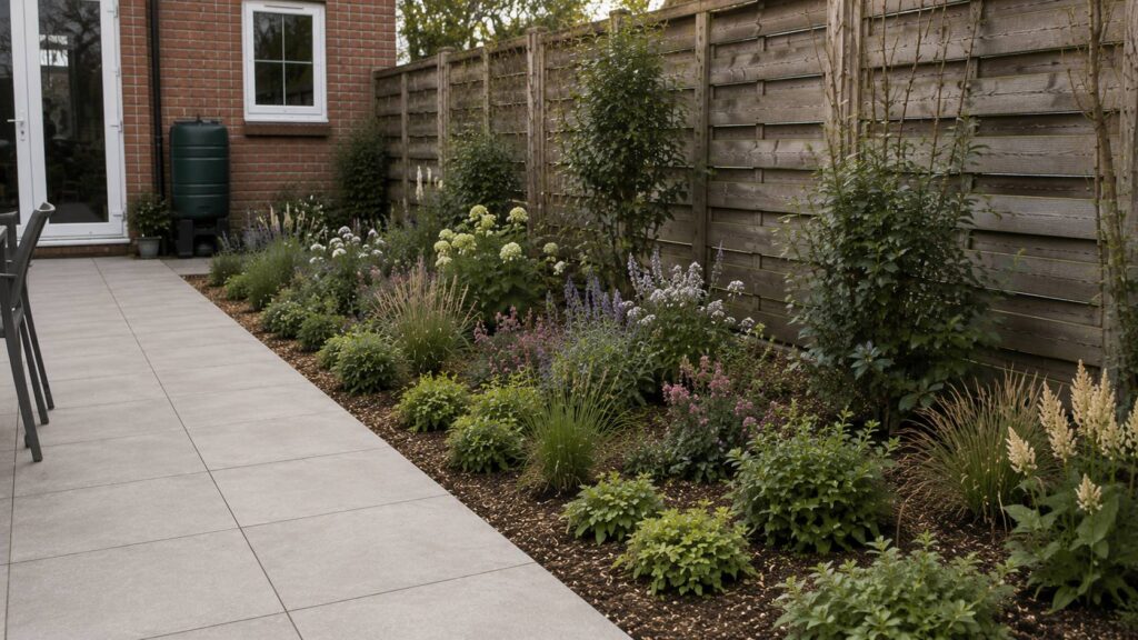 Gelaagde borderbeplanting met heesters, vaste planten, siergrassen en bodembedekkers in een gerenoveerde tuin.