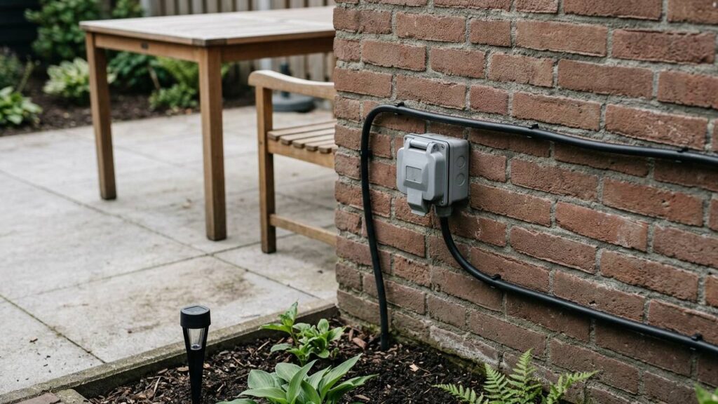 Waterdicht buitenstopcontact bij een terras met nette kabelroute en tuinverlichting in een Nederlandse tuin.