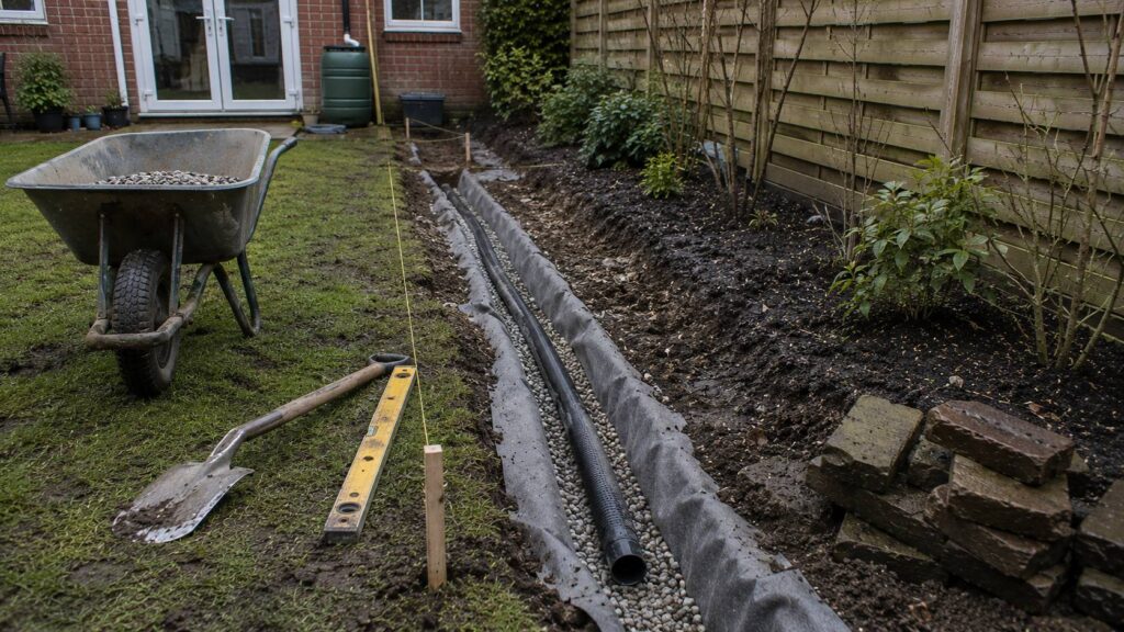 Drainage tuin aanleggen met drainagebuis, grind en filterdoek in een natte Nederlandse achtertuin.