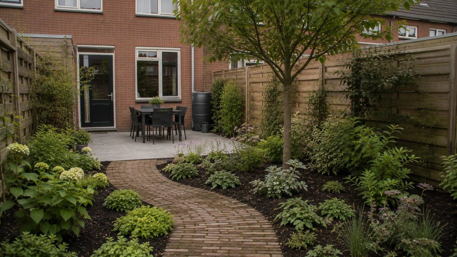 Duurzame tuinrenovatie met minder verharding, meer groen, hergebruikte klinkers en een regenton in een Nederlandse achtertuin.
