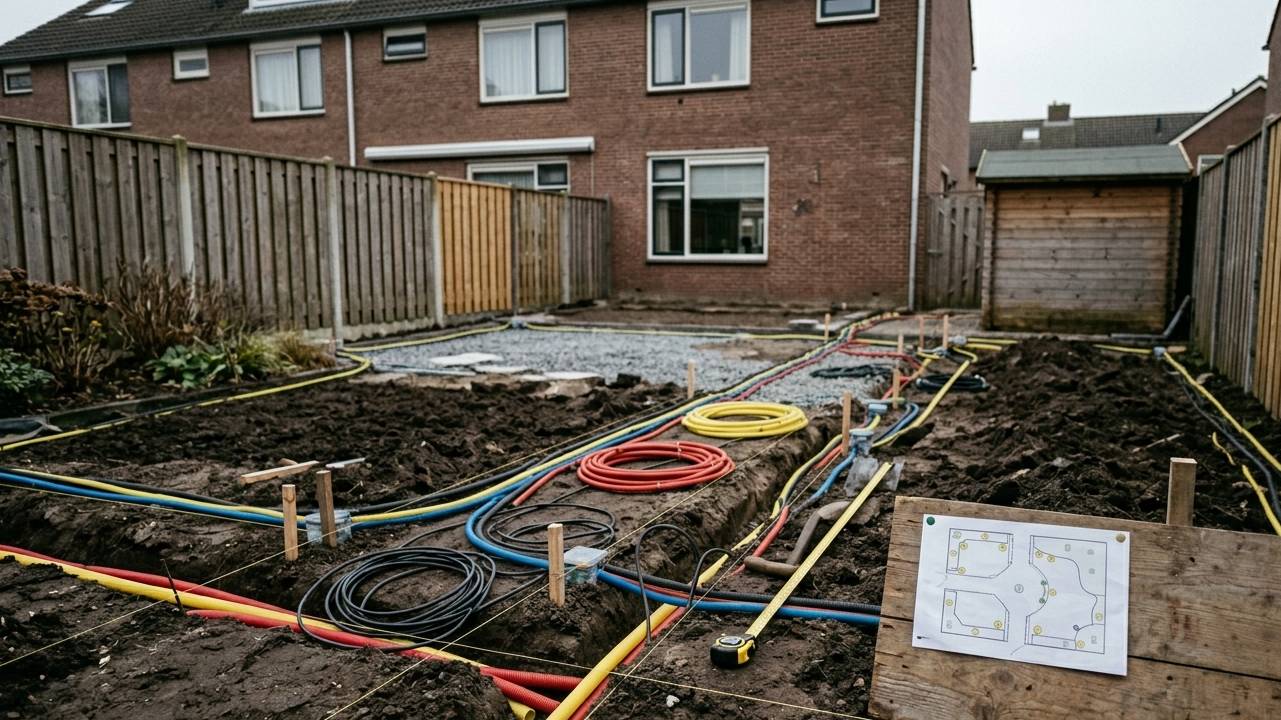 Elektra tuin voorbereiden met kabelroutes, mantelbuizen en markeringspalen vóór aanleg van bestrating en borders. buitenstopcontact plaatsen tuin