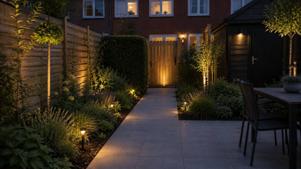 Tuinverlichting plannen met tuinplan, lampvoorbeelden, meetlint en subtiele lichtpunten in een Nederlandse achtertuin.