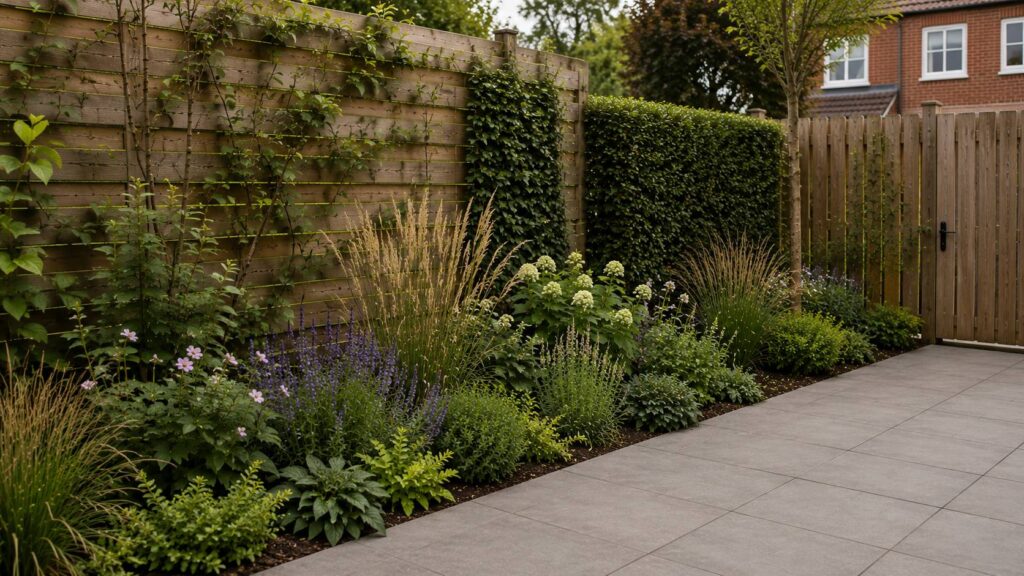 Groene tuinafscheiding met houten schutting, klimplanten, haag, siergrassen en vaste planten langs de tuinrand.