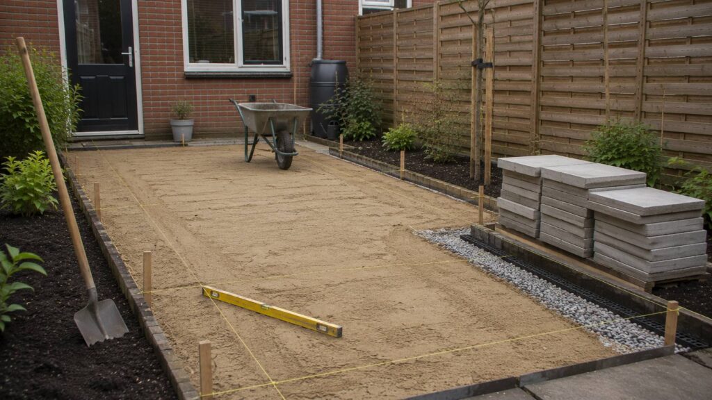 Grondwerk, afwatering en voorbereid zandbed als technische basis binnen een tuinrenovatie stappenplan.