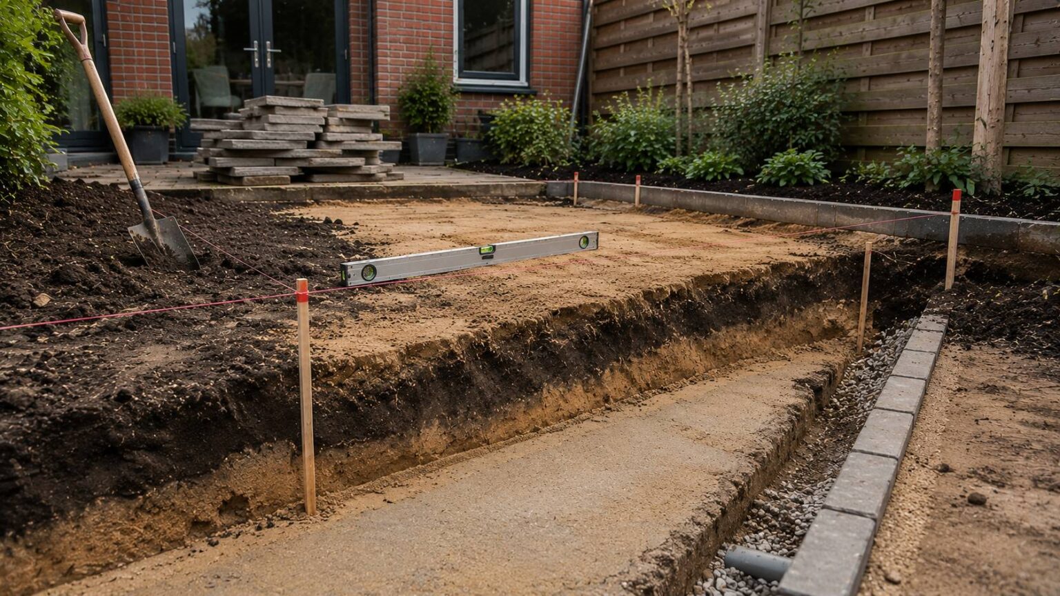 Opengewerkte tuinbodem met grondlagen, hoogtelijnen en voorbereiding voor afwatering bij tuinrenovatie. tuinrenovatie. grondwerk tuinrenovatie