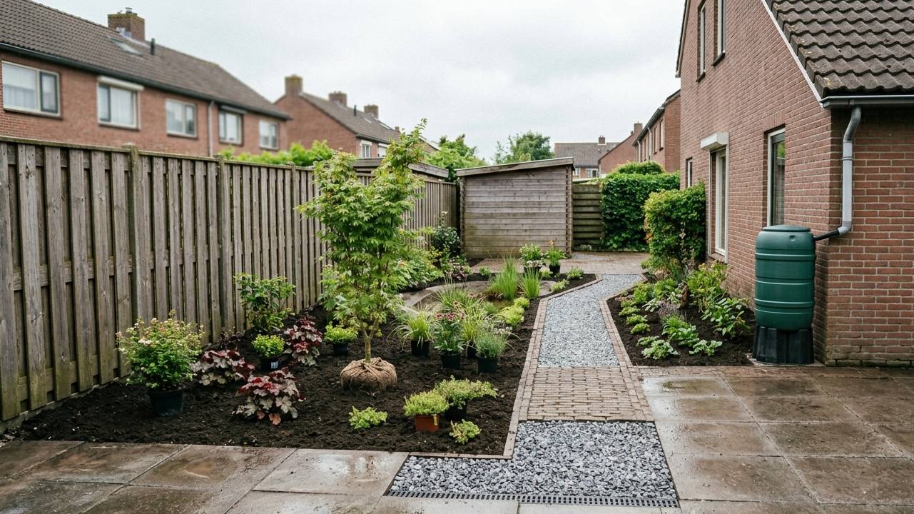 Klimaatbestendige tuin met minder tegels, regenton, grindstrook, schaduwboom en sterke beplanting. kleine tuin opnieuw indelen