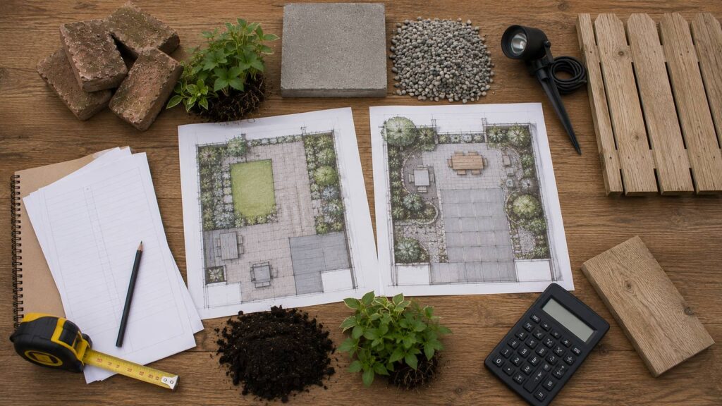 Eenvoudige en uitgebreide tuinrenovatie vergelijken met tuinplannen, materiaalstalen, calculator en meetlint. offerte tuinrenovatie