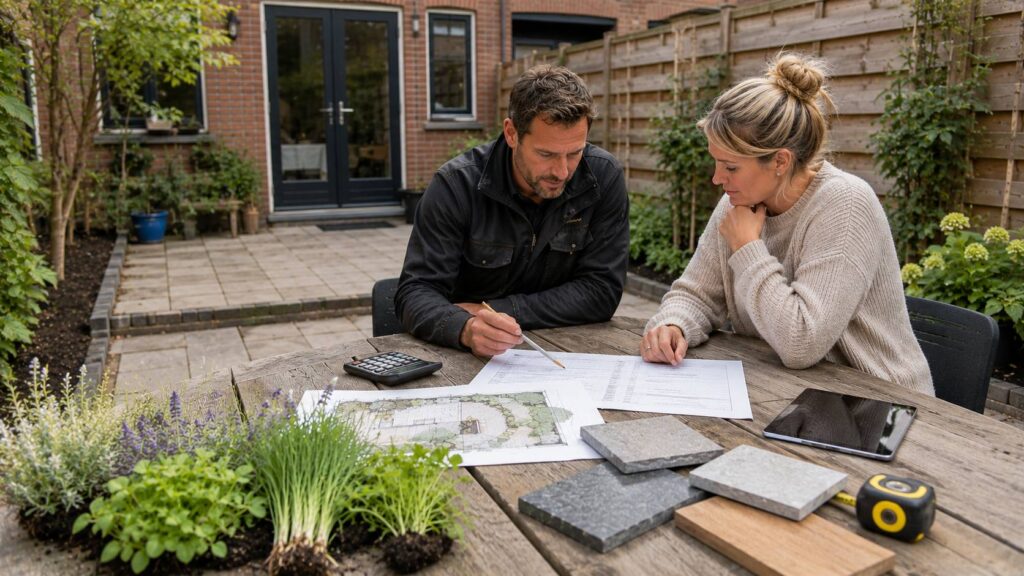Voorbereidend grondwerk met oude bestrating, zand, drainagegrind en meetgereedschap tijdens een tuinrenovatie. tuinrenovatie kosten