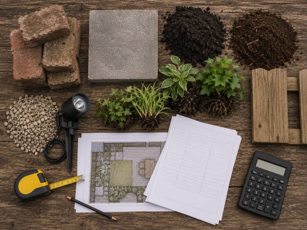 Kostenposten voor tuinrenovatie per onderdeel met bestrating, bodem, beplanting, hout, grind en verlichting. tuinbestrating materiaal kiezen