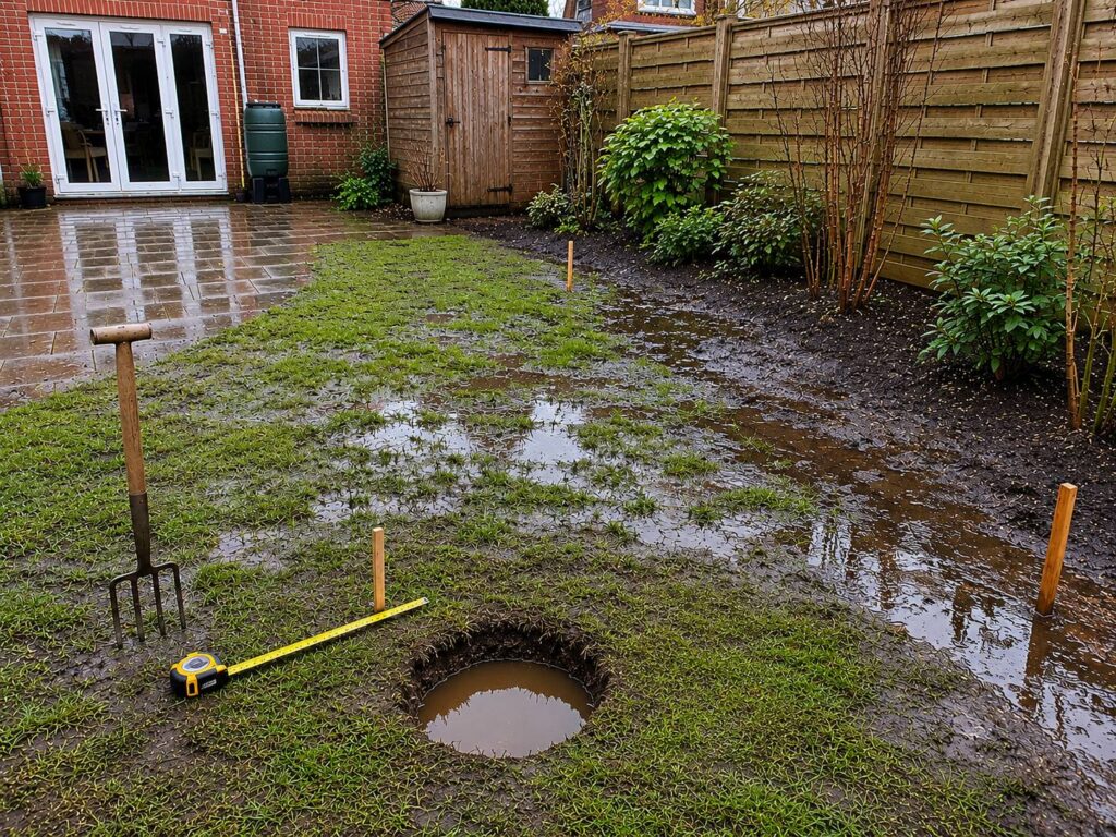 Natte tuin met plassen, zompig gazon en testgat beoordelen voordat drainage wordt aangelegd.