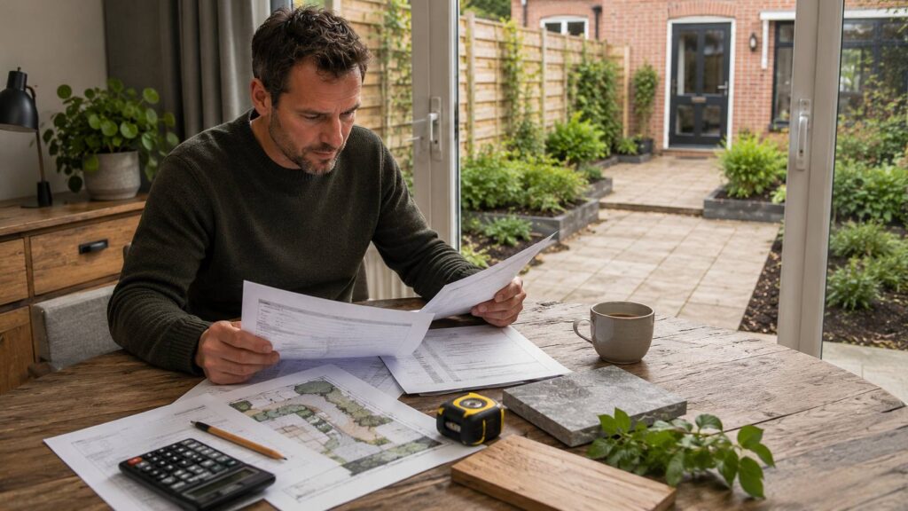Huiseigenaar vergelijkt offertes en budgetposten voor een tuinrenovatie met tuinplan, calculator en materiaalstalen. tuinrenovatie budget