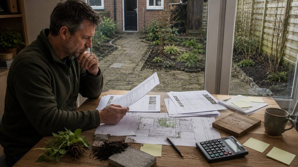 Offertes voor tuinrenovatie vergelijken met calculator, tuinplan en materiaalstalen naast een bestaande achtertuin. tuinrenovatie prijs per m2