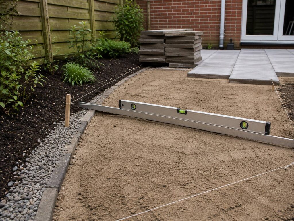 Ondergrond, afschot en randopsluiting voorbereiden voordat nieuwe terrastegels worden gelegd. ondergrond bestrating tuin