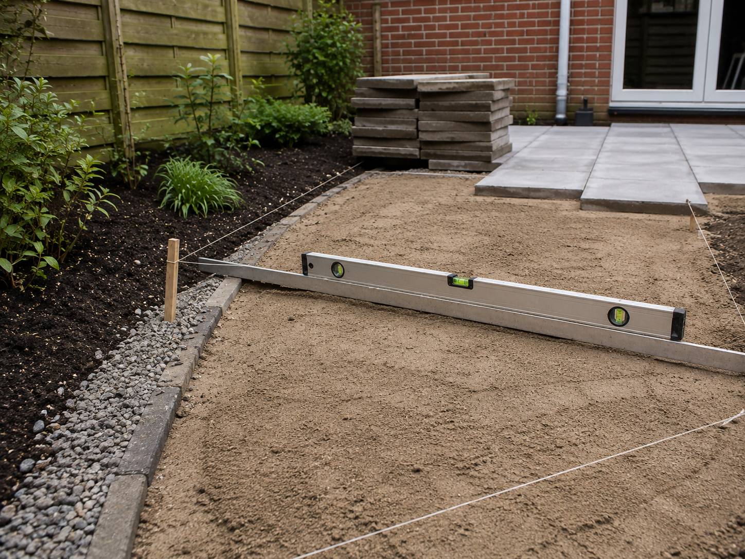 Ondergrond, afschot en randopsluiting voorbereiden voordat nieuwe terrastegels worden gelegd. ondergrond bestrating tuin