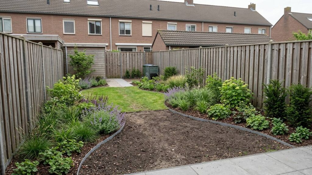 Onderhoudsarme tuin met duidelijke randen, bodembedekkers, siergrassen en sterke beplanting langs een terras.