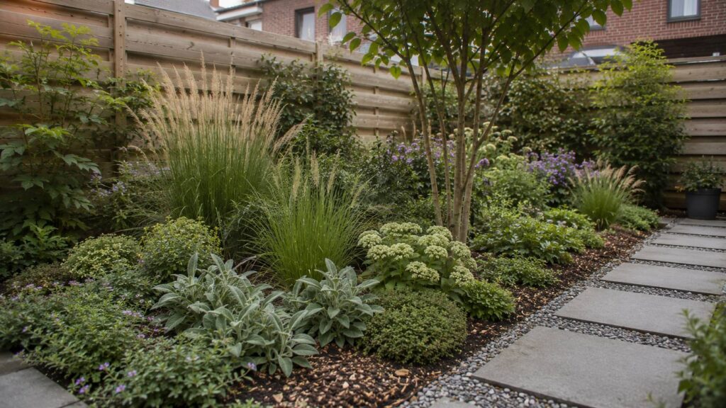 Onderhoudsarme border met siergrassen, bodembedekkers, heesters en mulch in een toekomstbestendige tuin.