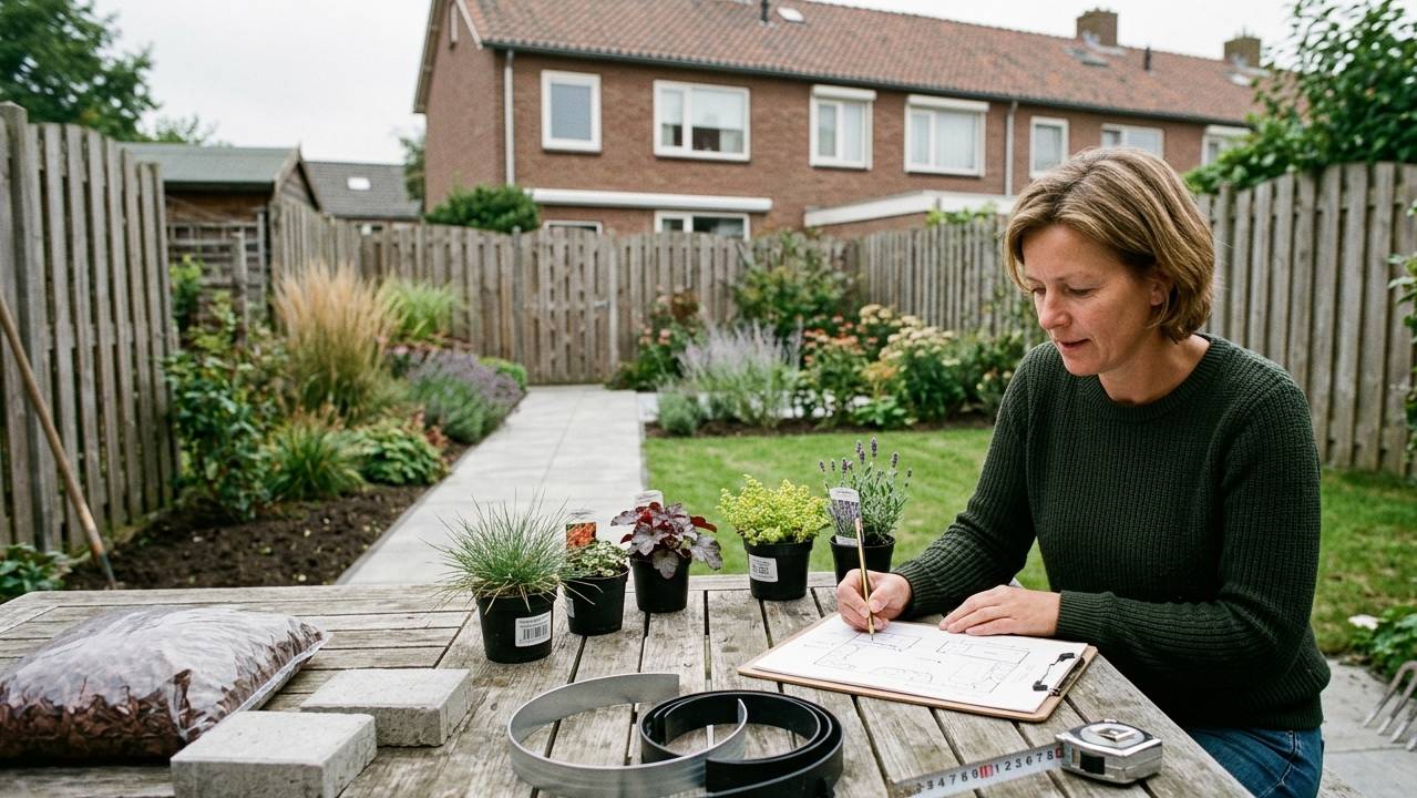 Onderhoudsarme tuin renoveren met tuinplan, bestrating, bodembedekkers, siergrassen en duidelijke borders.