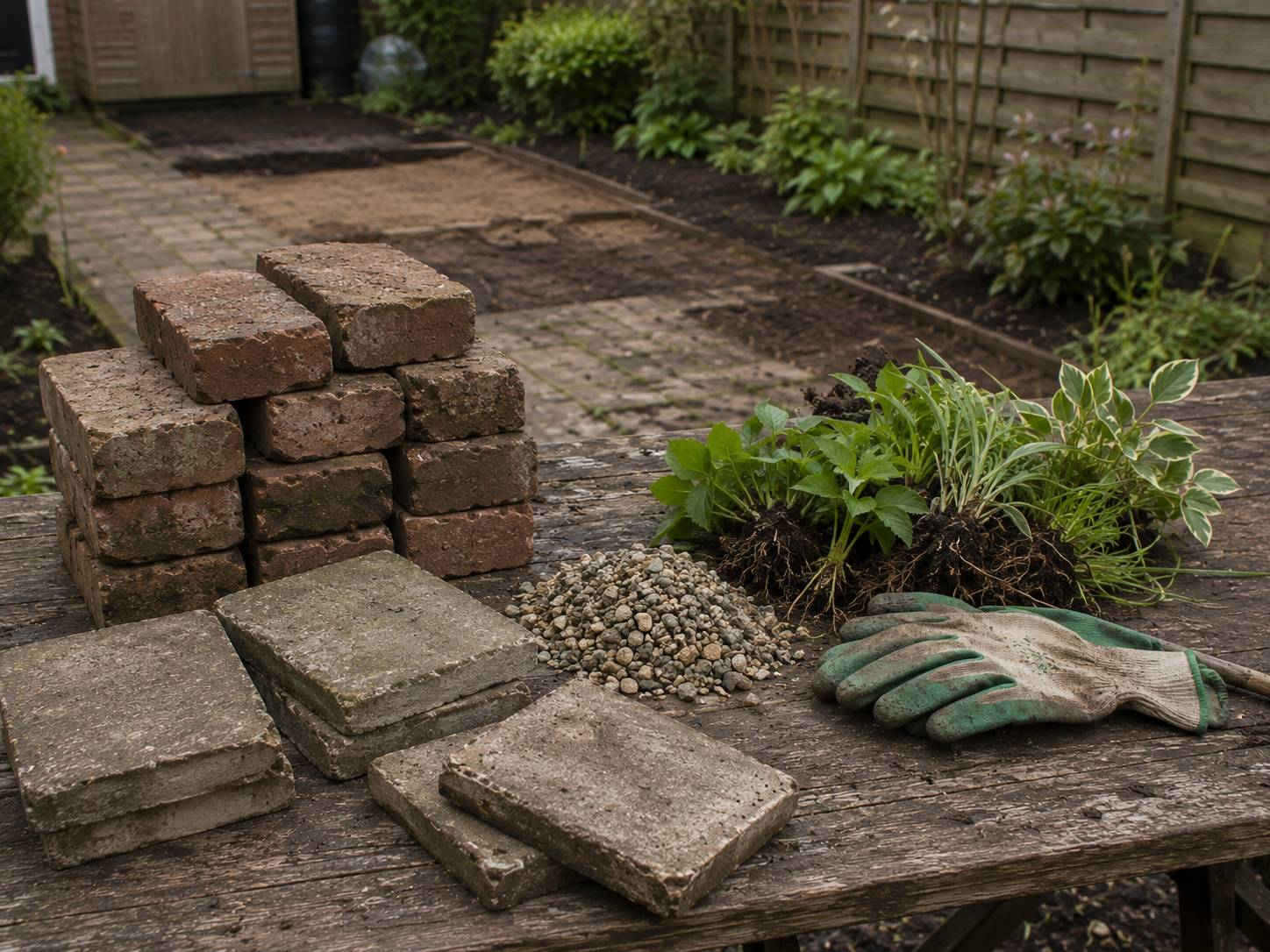 Herbruikbare oude klinkers, tegels en planten klaargelegd voor renovatie van een bestaande tuin. oude bestrating vervangen