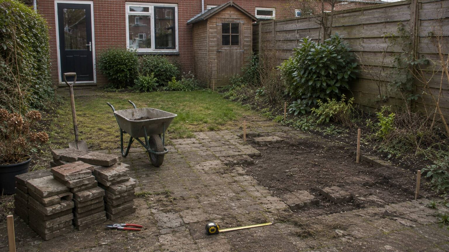 Oude tuin renoveren met verzakte bestrating, volwassen beplanting en herbruikbare materialen in een Nederlandse achtertuin.