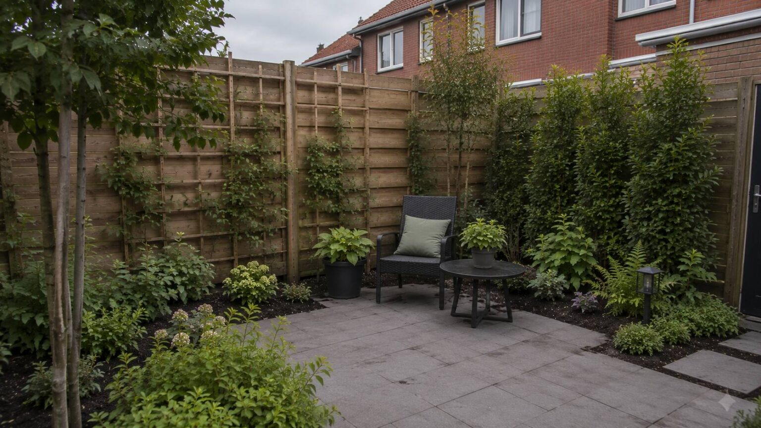 Privacy in de tuin verbeteren met een houten schutting, klimplanten en hoge beplanting rond een zitplek. privacy tuin verbeteren