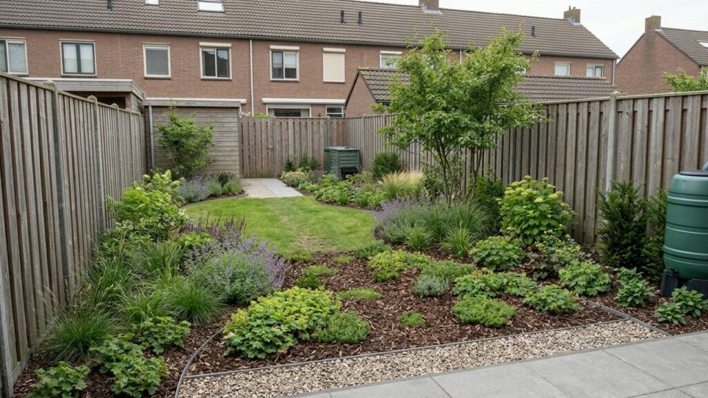 Waterloop in de tuin beoordelen na regen met natte bestrating, markeringspalen en een regenpijp.
