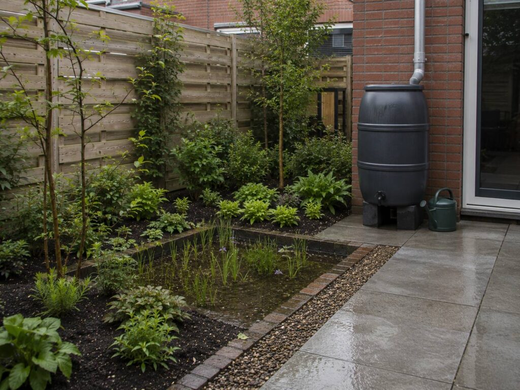 Regenwater verwerken in een duurzame tuin met regenton, grindstrook en groene infiltratieborder.