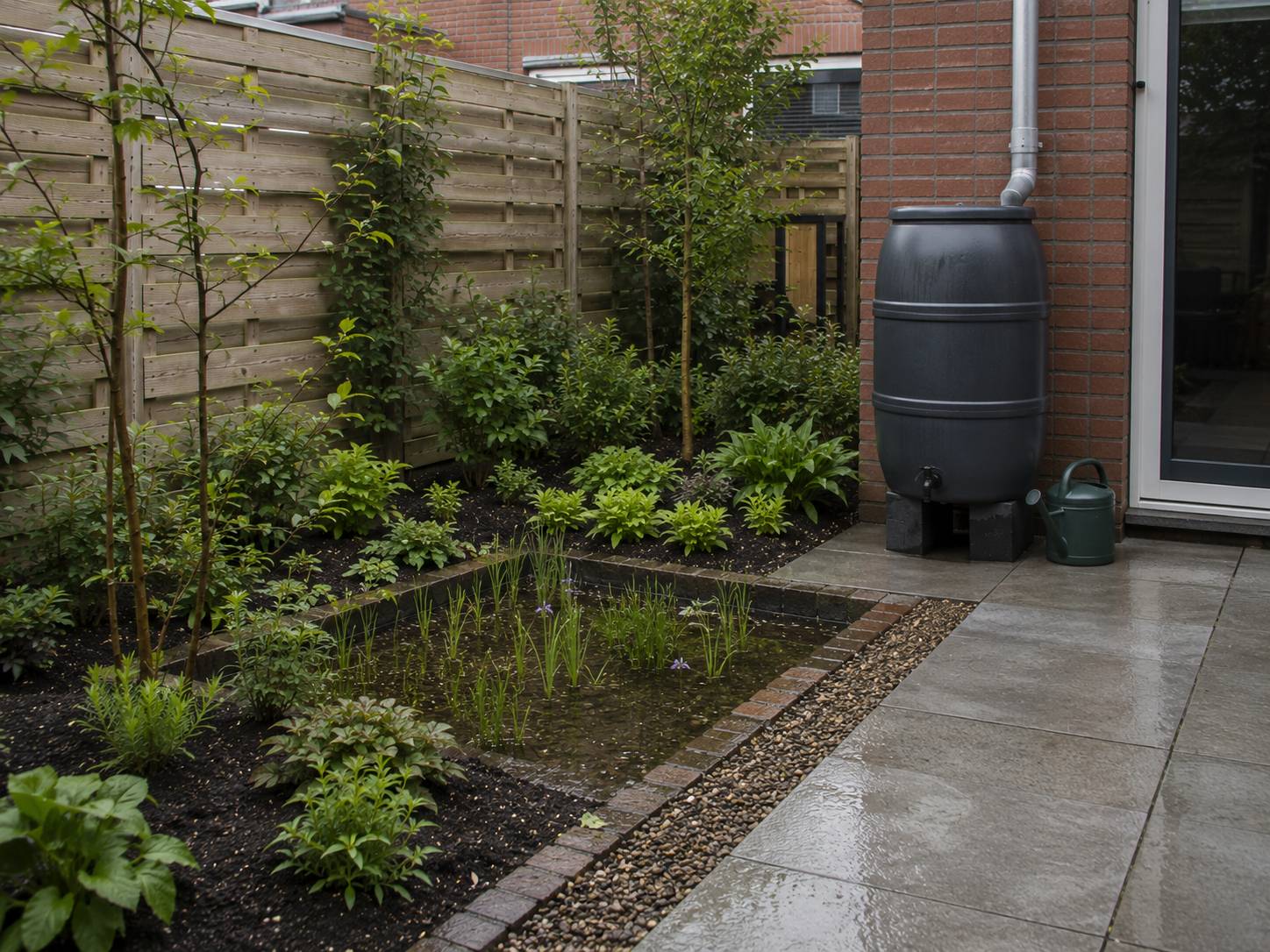 Regenwater verwerken in een duurzame tuin met regenton, grindstrook en groene infiltratieborder. regenwater verwerken tuin