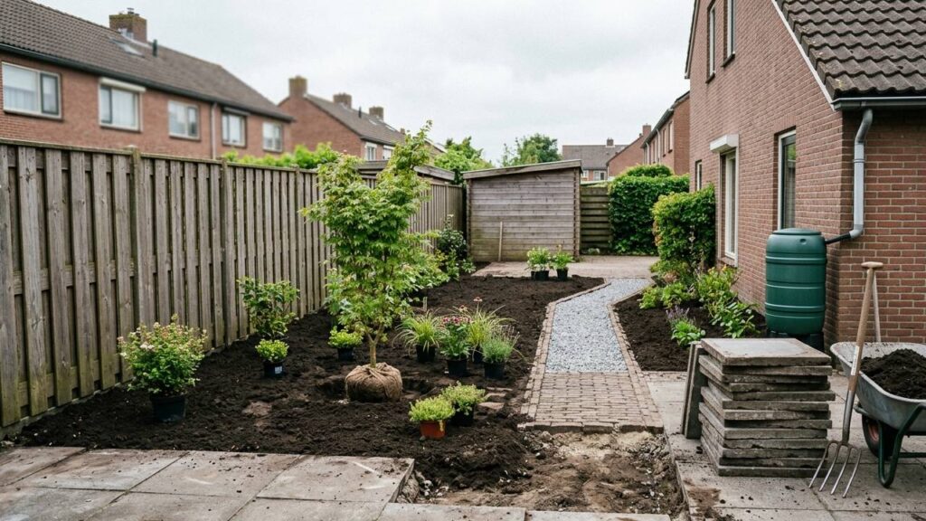 Regenwater verwerken in de tuin met regenton, grindstrook, afschot en infiltratieborder langs het terras.