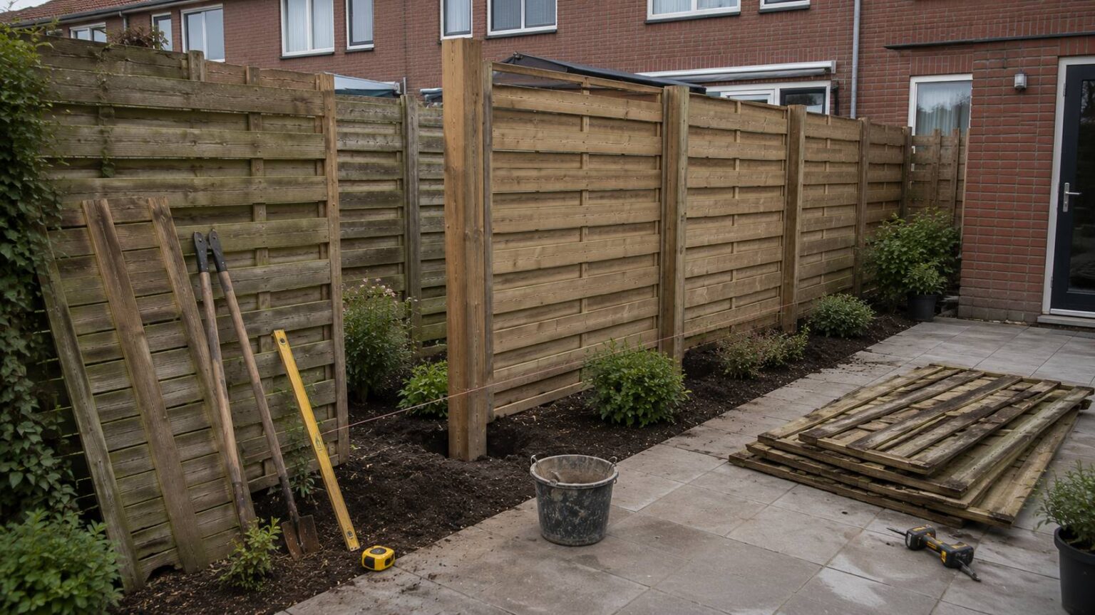 Schutting tuinrenovatie met oude schuttingdelen, nieuwe palen en een vernieuwde tuinafscheiding in een Nederlandse achtertuin. schutting-vervangen