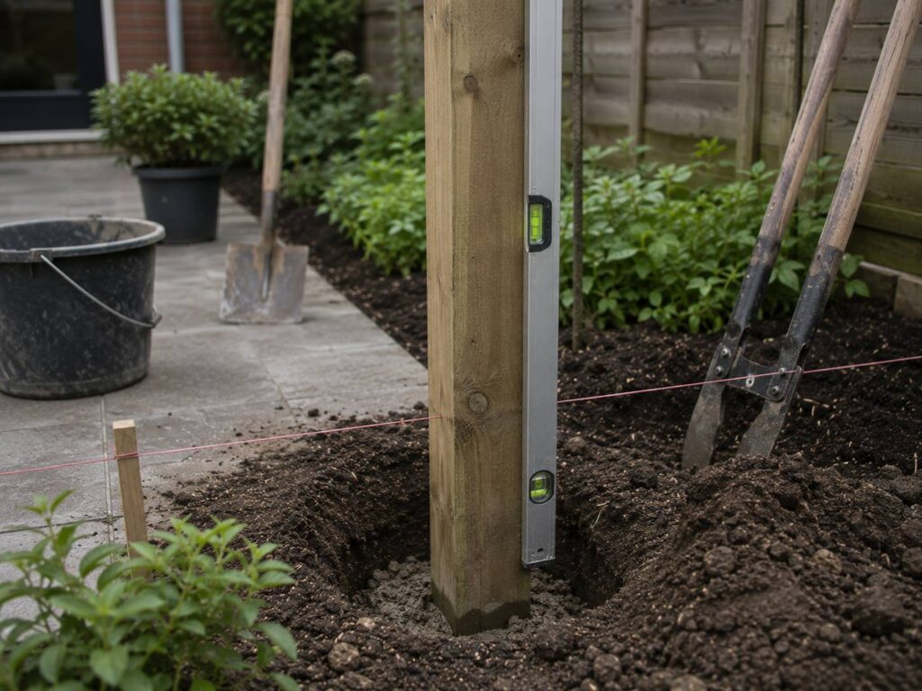 Schuttingpaal wordt waterpas geplaatst in de tuin als stevige basis voor een nieuwe tuinafscheiding.