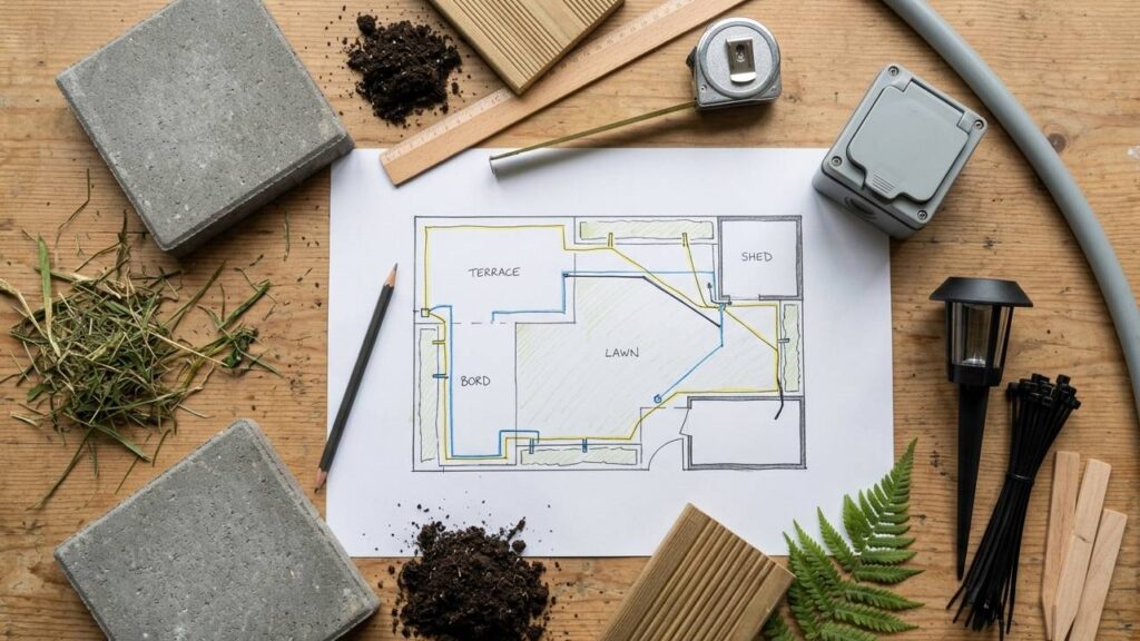 Stroomplan voor tuinrenovatie met kabelroutes, mantelbuizen, buitenstopcontact en tuinverlichting op een werktafel.