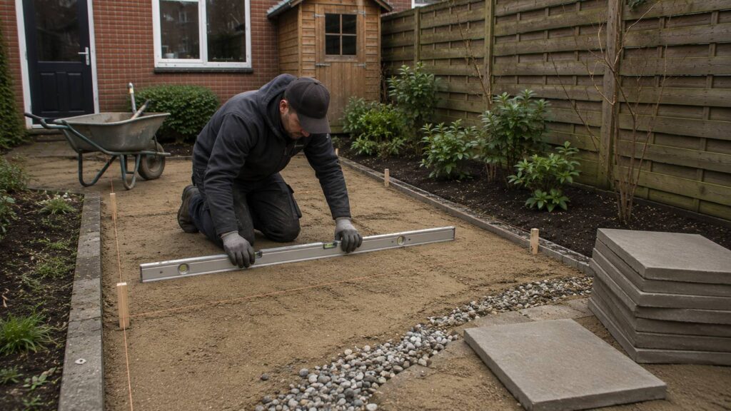 Hovenier voert technisch grondwerk, afwatering en voorbereiding voor bestrating uit tijdens een tuinrenovatie.