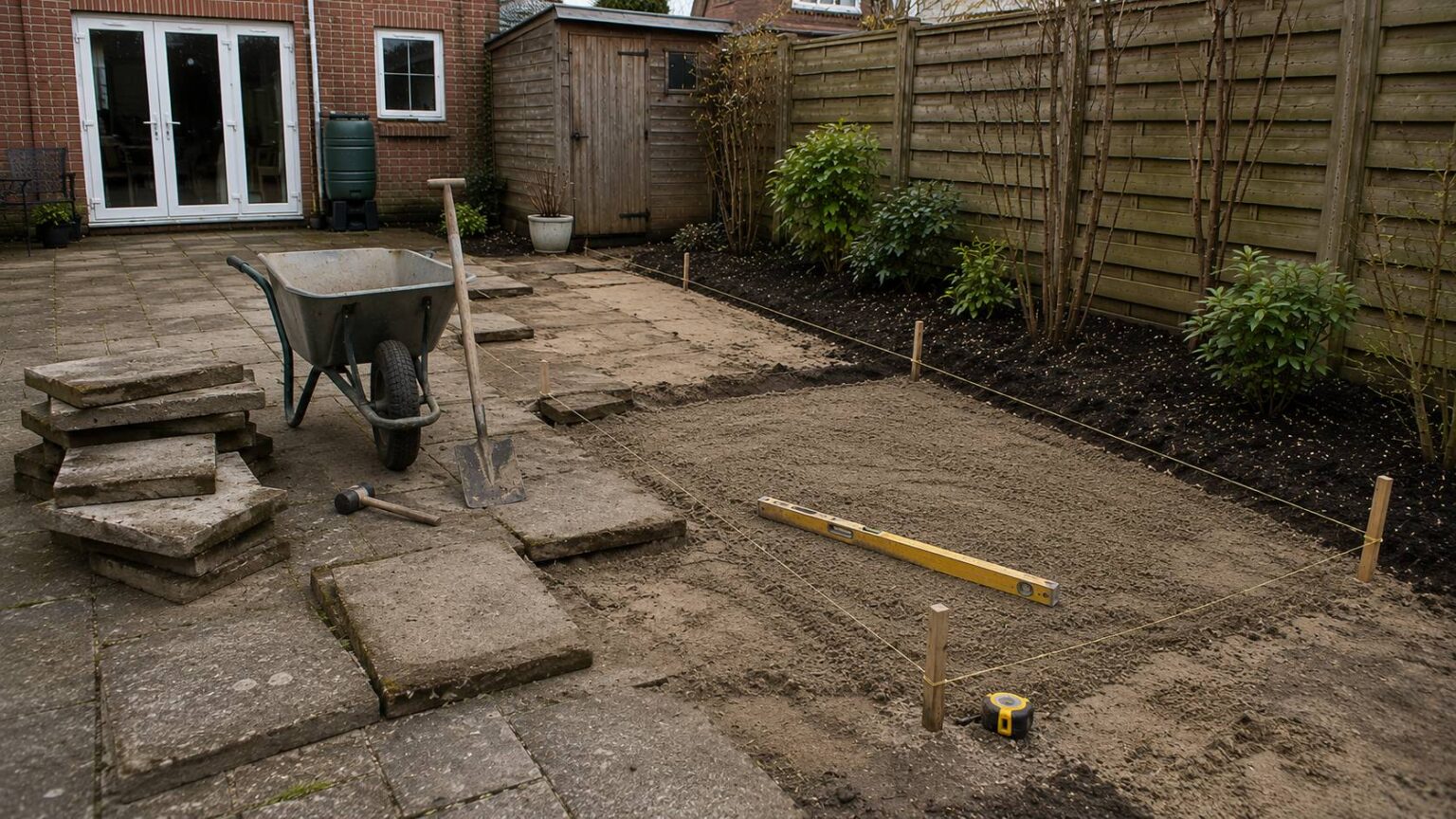 Terras renoveren met oude tegels, voorbereid zandbed en meetgereedschap in een Nederlandse achtertuin. tuin ontstenen