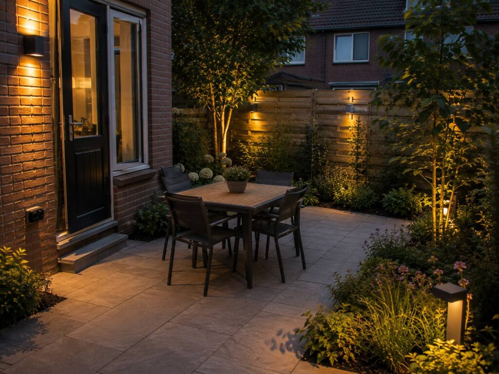 Terras met buitenverlichting, discreet buitenstopcontact en comfortabele zitplek na tuinrenovatie.